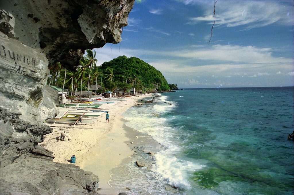 The village beach on Apo Island, with outrigger boats, palms and clear water