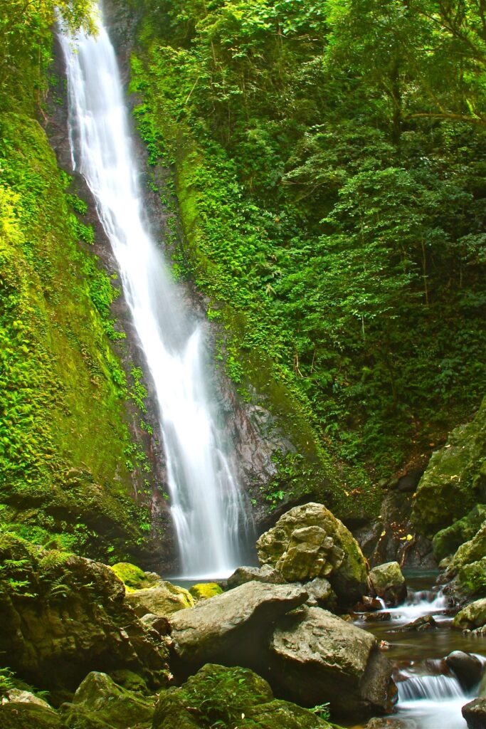 Kabigan Falls dropping through green forest in Pagudpud