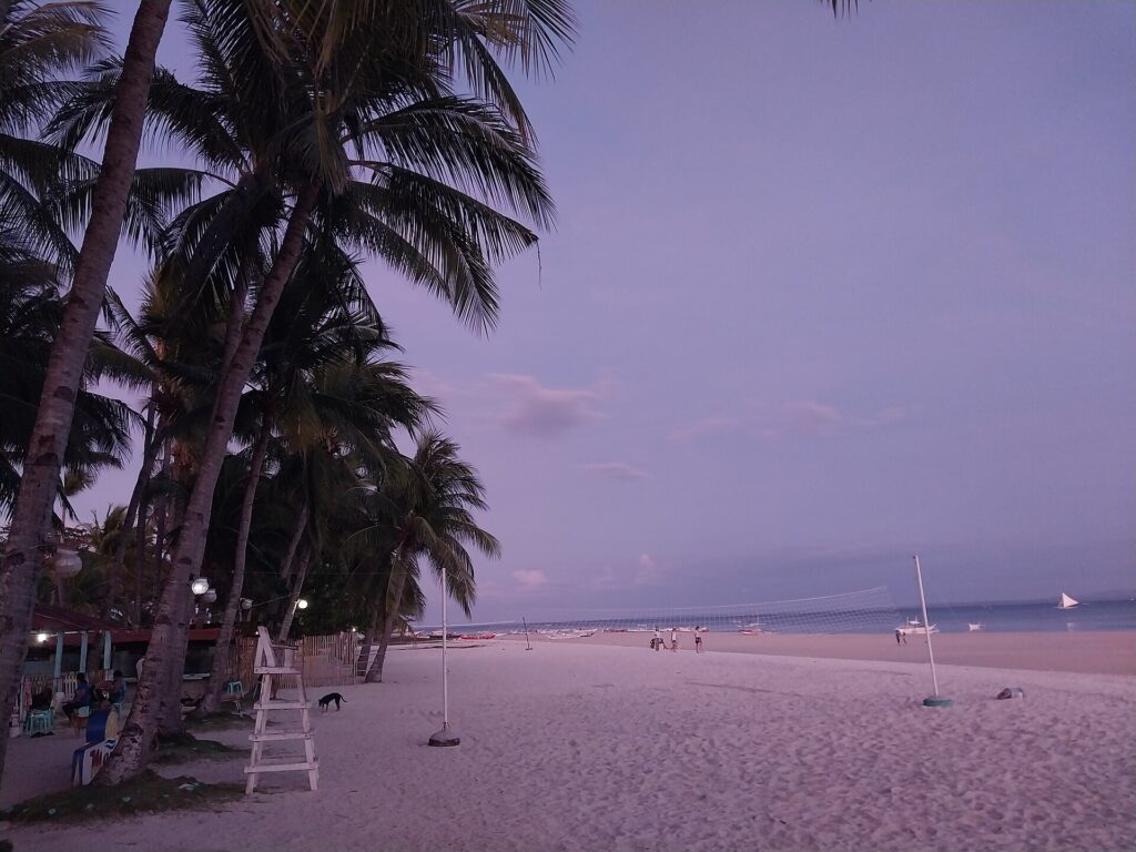 Palm-fringed Santa Fe beach in soft evening light