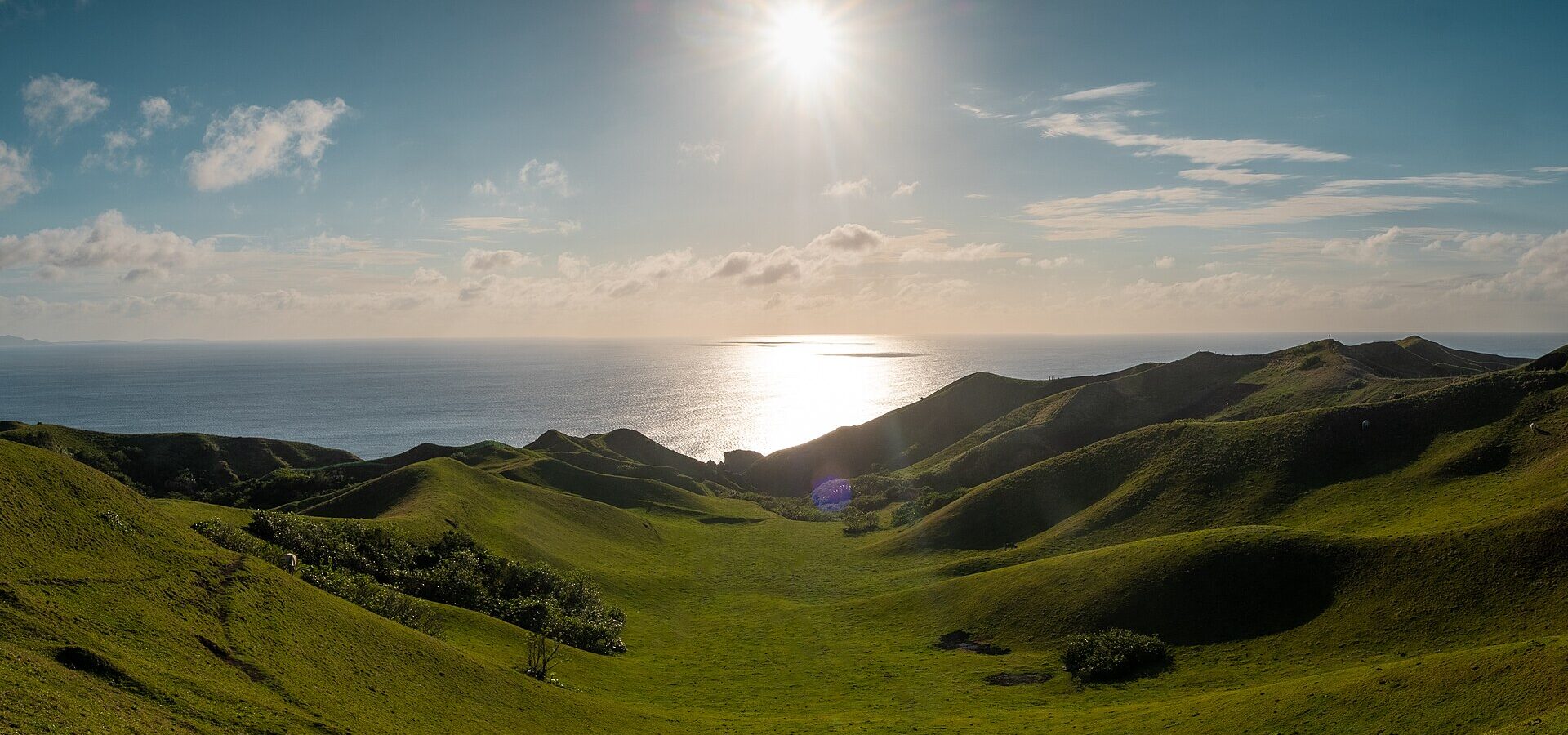 Vayang Rolling Hills in North Batan: green grassy valley, a grazing cow and the sea under a bright afternoon sun