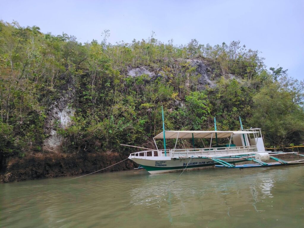 A white outrigger boat moored below forested limestone cliffs