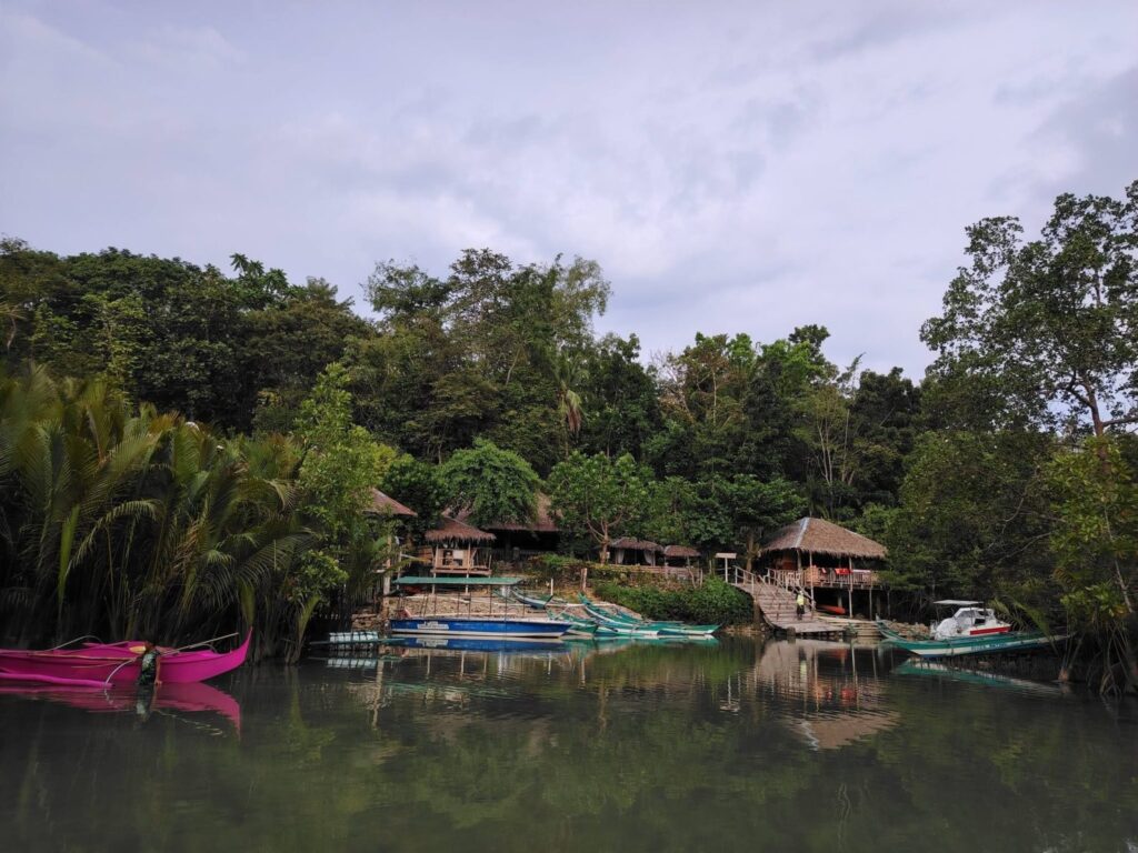 The Bojo River landing with thatched cottages and boats under the mangroves