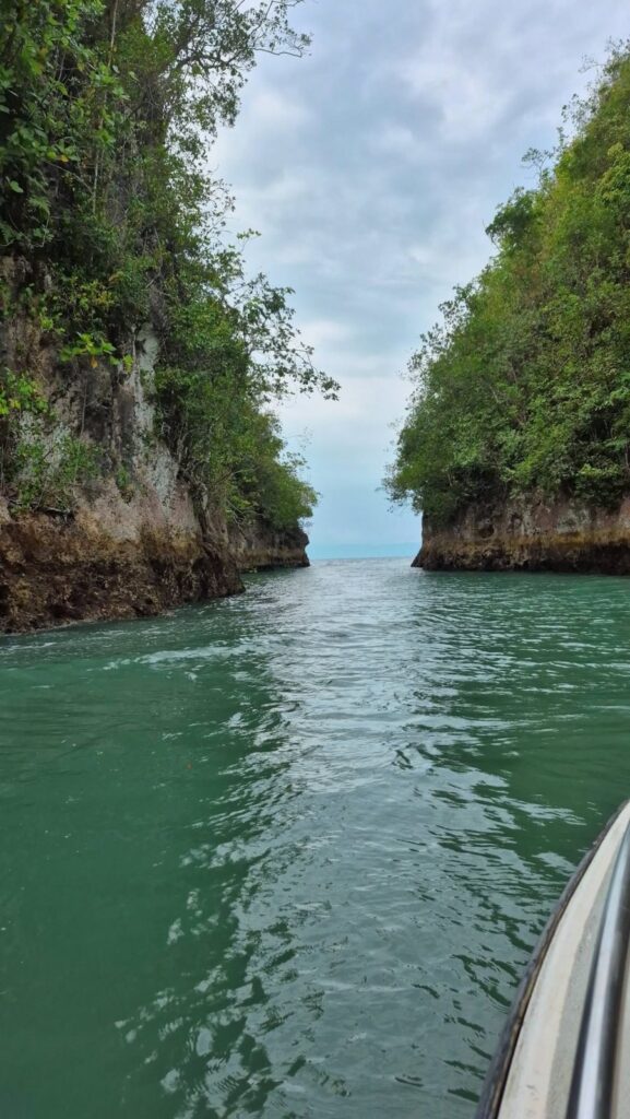 Green river water flowing out to sea between two limestone cliffs