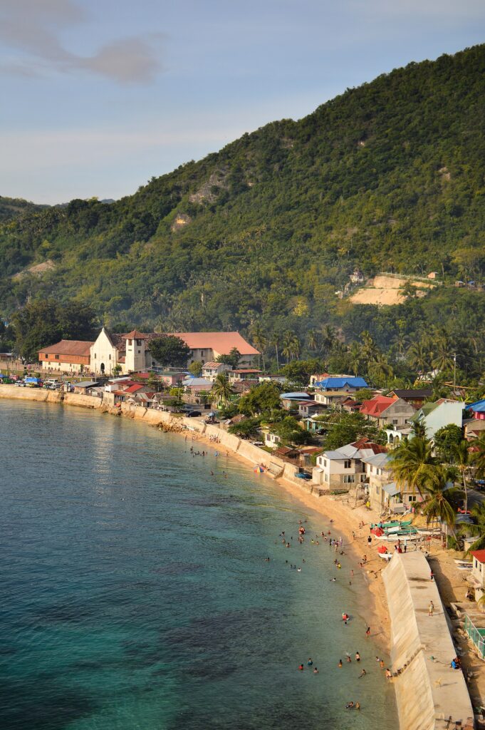 The curving coastline of Boljoon below steep wooded hills