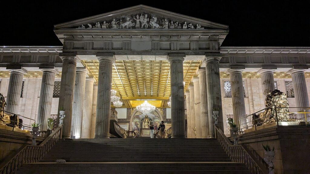 Temple of Leah lit up after dark