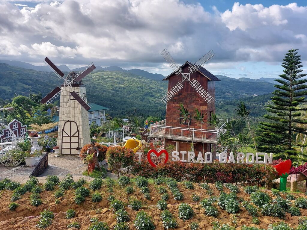 Windmill and flower beds at the original Sirao Garden