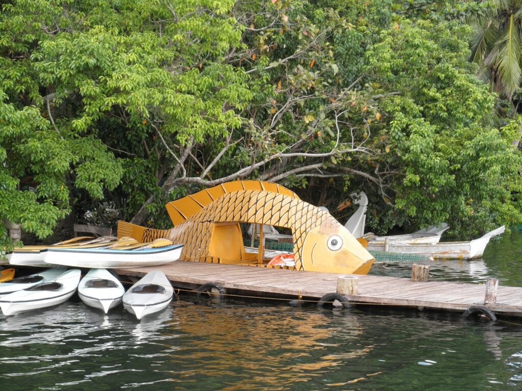 Boats and a fish-shaped raft at Lake Danao