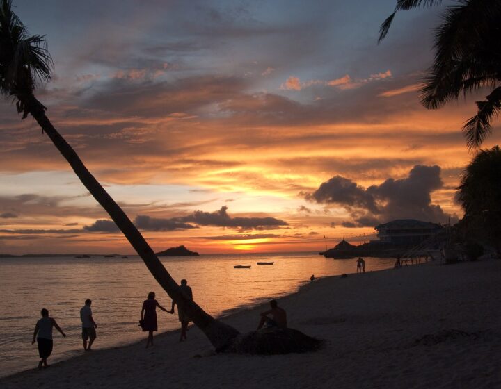 Sunset on the beach with palms, Malapascua Island