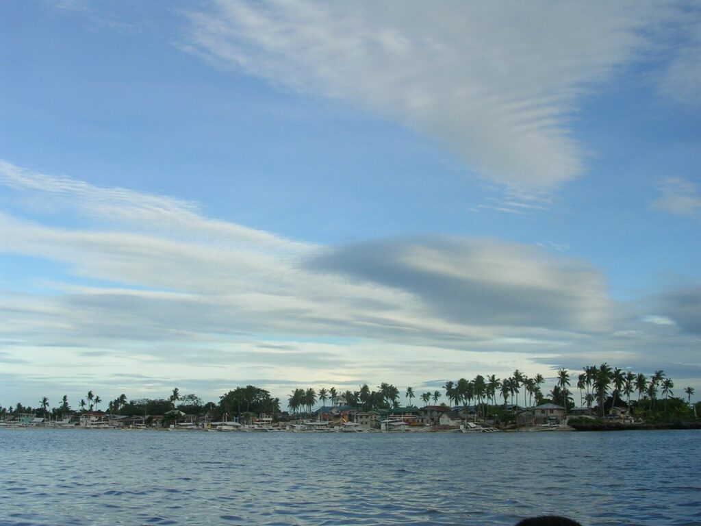 Olango Island's low palm-lined shore seen from the sea