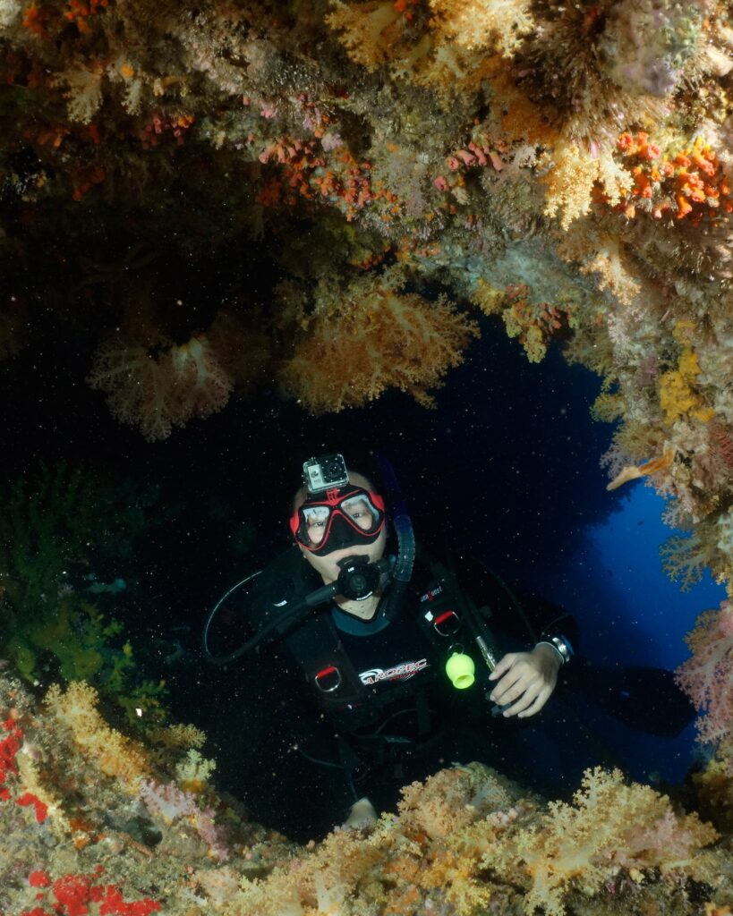 A diver inside the Cathedral Cave at Pescador Island
