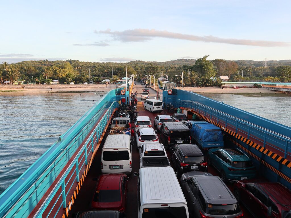 A RORO ferry full of cars arriving at Liloan port, Santander