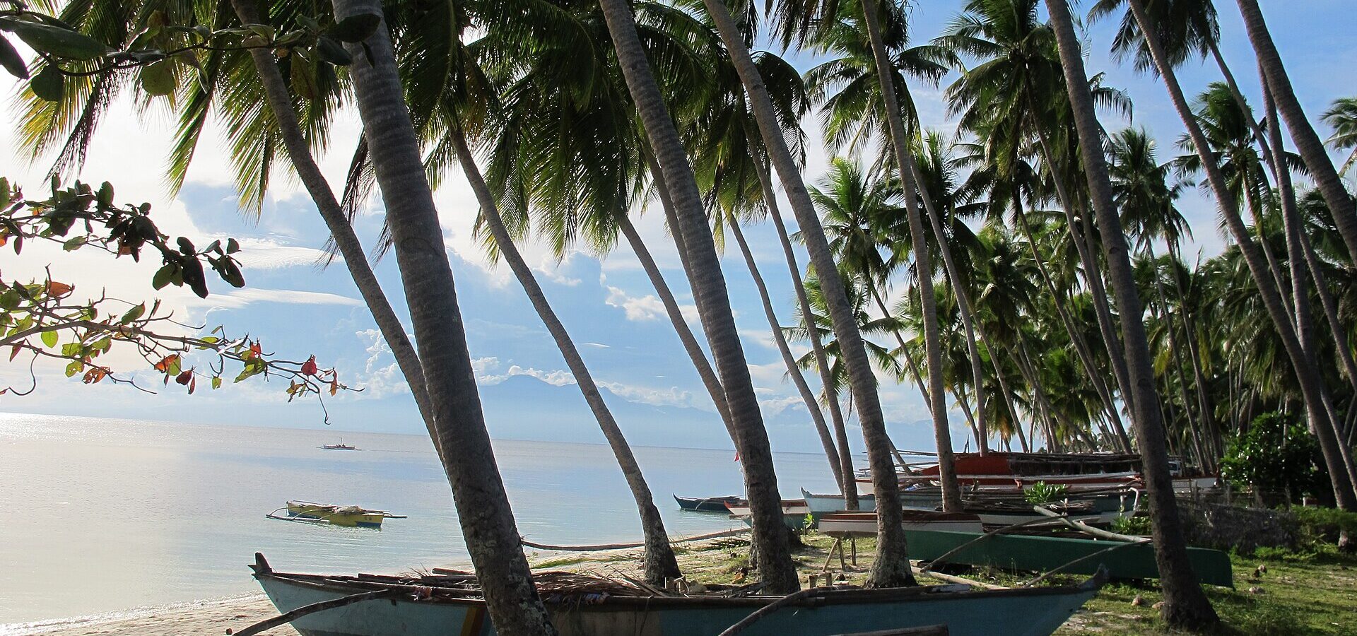 Paliton Beach near San Juan: leaning coconut palms, outrigger boats on the sand and calm clear water under a blue sky
